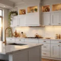 Photorealistic image of a luxury kitchen showcasing white shaker cabinets with glass fronts, vintage copper vessels, and trailing pothos plants, illuminated by golden hour light.