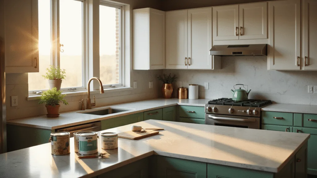 A sunlit modern kitchen showcasing a transformation of a white Shaker-style cabinet with a sage green island, featuring an organized array of painting supplies in the foreground, and a partially-painted cabinet door demonstrating before/after contrast, all captured with dramatic lighting and depth of field.