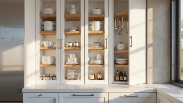 How to Organize Kitchen Cabinets Like a Pro: Your Ultimate Guide to Stress-Free Storage Photorealistic modern kitchen cabinet organization with clear glass-front doors showcasing labeled storage containers, bamboo risers, and neatly arranged cookware, illuminated by natural sunlight and professional studio lighting.