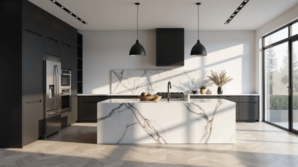 Black and White Kitchen Cabinets: The Ultimate Design Statement Photorealistic modern kitchen featuring black lower cabinets, white upper cabinets, a white marble waterfall island, matte black pendant lights, stainless steel appliances, and herringbone flooring, illuminated by morning sunlight streaming through large windows.