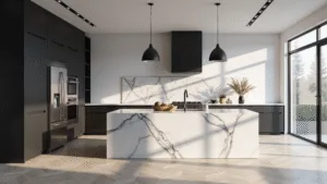 Black and White Kitchen Cabinets: The Ultimate Design Statement Photorealistic modern kitchen featuring black lower cabinets, white upper cabinets, a white marble waterfall island, matte black pendant lights, stainless steel appliances, and herringbone flooring, illuminated by morning sunlight streaming through large windows.