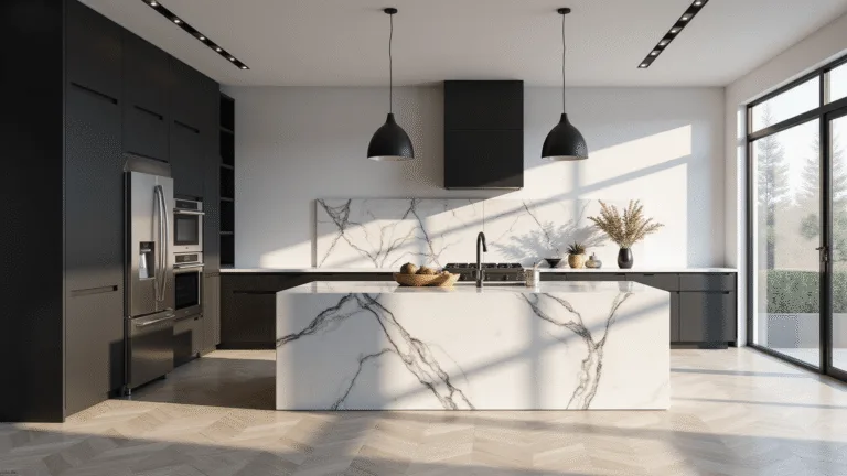 Black and White Kitchen Cabinets: The Ultimate Design Statement Photorealistic modern kitchen featuring black lower cabinets, white upper cabinets, a white marble waterfall island, matte black pendant lights, stainless steel appliances, and herringbone flooring, illuminated by morning sunlight streaming through large windows.