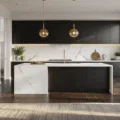 A luxurious contemporary kitchen featuring matte black aluminum cabinets, a white quartz waterfall island, and warm golden hour lighting filtering through large windows, with brushed gold fixtures and dark hardwood floors.