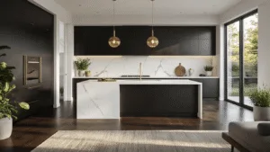 Aluminum Kitchen Cabinets: The Ultimate Modern Solution for Stylish Spaces A luxurious contemporary kitchen featuring matte black aluminum cabinets, a white quartz waterfall island, and warm golden hour lighting filtering through large windows, with brushed gold fixtures and dark hardwood floors.