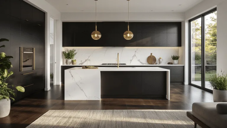 Aluminum Kitchen Cabinets: The Ultimate Modern Solution for Stylish Spaces A luxurious contemporary kitchen featuring matte black aluminum cabinets, a white quartz waterfall island, and warm golden hour lighting filtering through large windows, with brushed gold fixtures and dark hardwood floors.