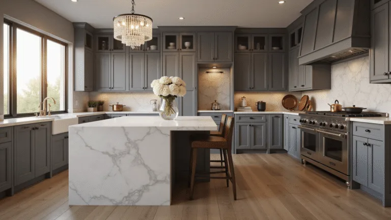 Grey Cabinets Kitchen: The Ultimate Styling Guide for Stunning Visual Perfection A luxurious modern kitchen featuring dove grey shaker cabinets, a white quartz waterfall island, and a marble hexagon backsplash, illuminated by golden hour light streaming through floor-to-ceiling windows, with ambient lighting from a crystal chandelier and styled with white hydrangeas and vintage cookware.