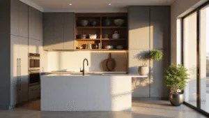 Modern Kitchen Cabinets Decor: A Comprehensive Styling Guide A modern kitchen featuring dove gray flat-panel cabinets, a cloud white quartz waterfall island, and sleek stainless steel appliances, illuminated by golden hour sunlight through floor-to-ceiling windows, with geometric ceramic vessels and fresh herbs on open shelving, captured in photorealistic detail.