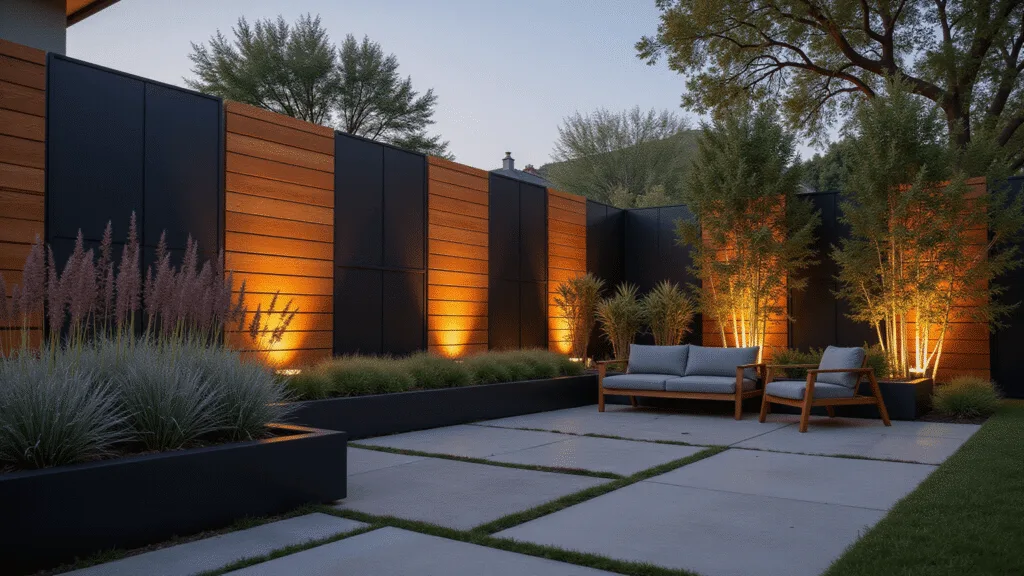 Cheap Privacy Fence Ideas: Transform Your Yard Without Breaking the Bank A modern backyard privacy fence featuring charcoal metal panels and cedar slats, with sleek black container gardens and teak lounge furniture on a geometric concrete patio, captured at golden hour with dramatic shadows and a moody atmosphere.