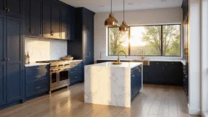 Navy Kitchen Cabinets: A Comprehensive Style Guide for Stunning Interiors Photorealistic interior of a modern navy kitchen featuring tall shaker cabinets, white Carrara marble island, and light oak herringbone floors, illuminated by warm sunlight through large windows.