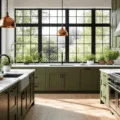 A luxurious modern kitchen featuring olive green shaker cabinets, white quartz waterfall countertops, brass pendant lights, and natural white oak flooring, illuminated by golden hour light.