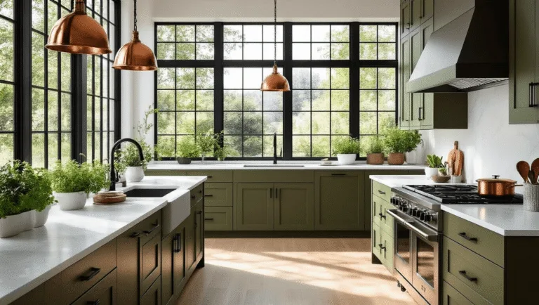 Olive Green Kitchen Cabinets: Your Ultimate Design Guide A luxurious modern kitchen featuring olive green shaker cabinets, white quartz waterfall countertops, brass pendant lights, and natural white oak flooring, illuminated by golden hour light.
