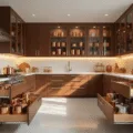 Photorealistic image of a luxurious modern kitchen with organized walnut cabinets featuring glass fronts, chrome pull-out trays, tiered spice racks, and bamboo dividers, all illuminated by warm golden hour sunlight and professional lighting.