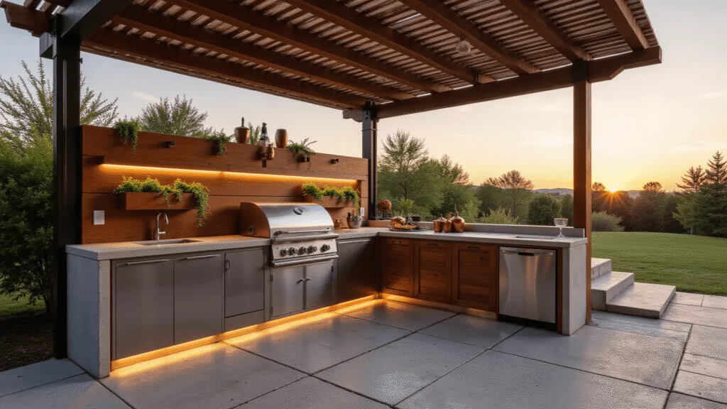 Photorealistic wide-angle shot of a luxurious L-shaped outdoor kitchen on a 10x12ft patio corner, featuring a modern stainless steel grill, polished concrete countertops with LED underlighting, and a vertical herb garden wall, all illuminated by warm sunset light and ambient string lights.