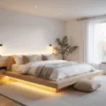 Photorealistic image of a bright Scandinavian basement bedroom featuring a low-profile wood platform bed with white linens, high-gloss white walls, layered lighting, a large mirror, minimal furnishings, and natural light from an egress window.