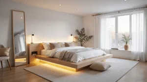 Basement Bedroom Ideas: Transform Your Underground Space into a Cozy Retreat Photorealistic image of a bright Scandinavian basement bedroom featuring a low-profile wood platform bed with white linens, high-gloss white walls, layered lighting, a large mirror, minimal furnishings, and natural light from an egress window.