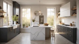 Two-Tone Kitchen Cabinets: The Ultimate Style Guide to Transforming Your Kitchen Photorealistic modern kitchen with two-tone charcoal gray and white cabinets, illuminated by golden morning sunlight through large windows, featuring a white quartz waterfall island, brushed gold hardware, herringbone flooring, and decorative accents.