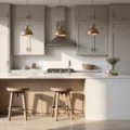 Photorealistic modern kitchen featuring light taupe shaker cabinets, white quartz waterfall island, brass pendant lights, and floor-to-ceiling windows, basking in natural morning light.