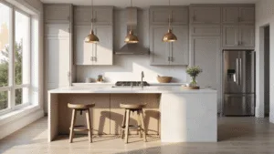 Light Taupe Kitchen Cabinets: The Ultimate Design Solution for Modern Homes Photorealistic modern kitchen featuring light taupe shaker cabinets, white quartz waterfall island, brass pendant lights, and floor-to-ceiling windows, basking in natural morning light.