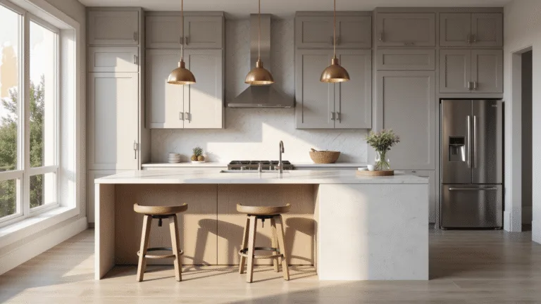 Light Taupe Kitchen Cabinets: The Ultimate Design Solution for Modern Homes Photorealistic modern kitchen featuring light taupe shaker cabinets, white quartz waterfall island, brass pendant lights, and floor-to-ceiling windows, basking in natural morning light.