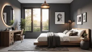 Teen Bedroom Ideas: Creating a Stylish and Functional Personal Sanctuary A modern minimalist teen bedroom featuring a platform bed with white linens, a floating walnut desk, and floor-to-ceiling windows, bathed in golden sunlight. The room includes monochromatic art, LED lighting, and a potted monstera plant, all set against matte charcoal walls and a geometric rug, captured in hyperrealistic detail.