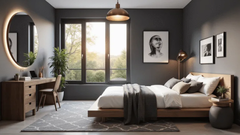 Teen Bedroom Ideas: Creating a Stylish and Functional Personal Sanctuary A modern minimalist teen bedroom featuring a platform bed with white linens, a floating walnut desk, and floor-to-ceiling windows, bathed in golden sunlight. The room includes monochromatic art, LED lighting, and a potted monstera plant, all set against matte charcoal walls and a geometric rug, captured in hyperrealistic detail.