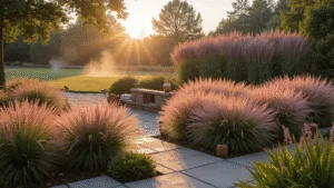 Ornamental Grasses: Transform Your Garden with Texture and Movement A picturesque layered garden landscape at golden hour featuring pink muhly grass in the foreground, dramatic fountain grass in the mid-ground, and towering Miscanthus maiden grass in the background, all highlighted by soft golden sunlight, morning dew, and a subtle mist, with decorative elements like copper planters and weathered stone pathways.