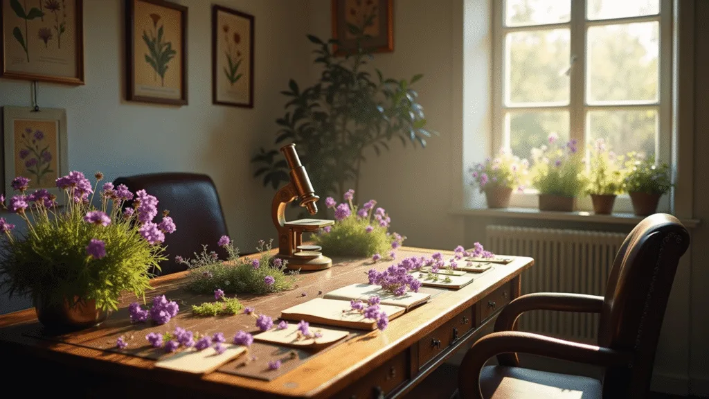 A sun-drenched cottage garden study with wild violets and purple deadnettle on a weathered oak desk, vintage botanical charts on whitewashed walls, a leather chair, brass microscope, and scattered scientific notebooks, all illuminated by golden hour light.