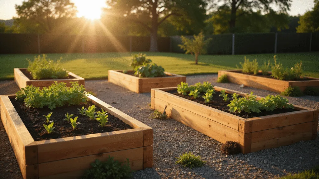 A photorealistic wide shot of four geometric cedar raised garden beds in a grid pattern, bathed in golden hour sunlight, featuring organized rows of freshly planted vegetables and pathways of crushed gravel, surrounded by blurred trees and a manicured lawn.