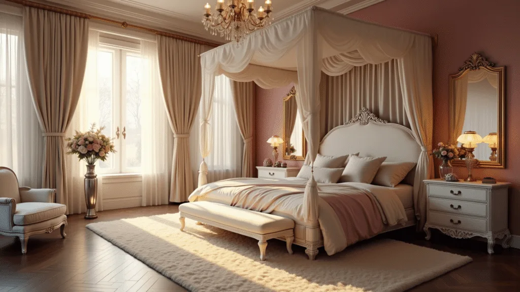 A luxurious master bedroom at golden hour, featuring a king-size canopy bed with silk curtains, layered bedding in soft colors, antique nightstands with ambient lamps, and a crystal chandelier, all captured in a cinematic wide-angle shot with ethereal lighting and rich textures.