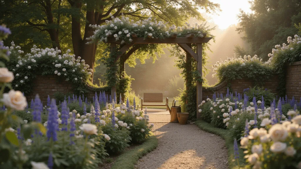 Creating Your Dream Cottage Rose Garden: A Romantic Landscape Guide Photorealistic wide-angle shot of a dreamy English cottage garden at golden hour, featuring a weathered wooden arbor draped with blush pink 'New Dawn' roses, gravel paths, vibrant beds of David Austin roses, delphiniums, and foxgloves, with dappled sunlight creating a magical bokeh effect, vintage copper watering can, terracotta pots, and an intimate garden bench among lush greenery.