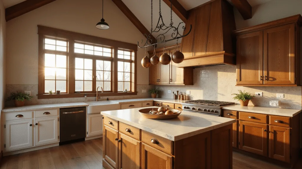 Rustic Kitchen Cabinets: Your Guide to Creating a Warm, Inviting Farmhouse-Style Kitchen A rustic farmhouse kitchen illuminated by warm golden hour sunlight, featuring reclaimed oak cabinets, a distressed wood island with a cream marble top, and vintage copper pots hanging above. Exposed wooden beams frame the cathedral ceiling, while white shaker-style cabinets and a farmhouse sink complete the inviting ambiance. Fresh herbs and vintage cooking tools add authentic touches, captured in photorealistic detail.