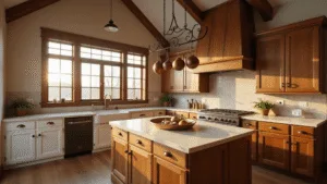 Rustic Kitchen Cabinets: Your Guide to Creating a Warm, Inviting Farmhouse-Style Kitchen A rustic farmhouse kitchen illuminated by warm golden hour sunlight, featuring reclaimed oak cabinets, a distressed wood island with a cream marble top, and vintage copper pots hanging above. Exposed wooden beams frame the cathedral ceiling, while white shaker-style cabinets and a farmhouse sink complete the inviting ambiance. Fresh herbs and vintage cooking tools add authentic touches, captured in photorealistic detail.