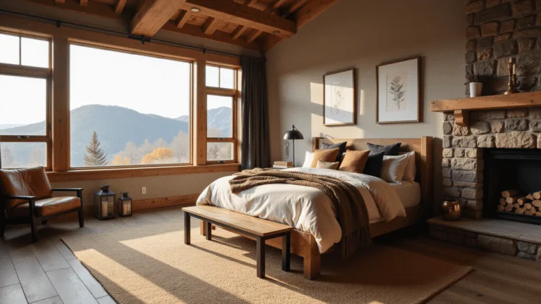 Rustic Bedroom Ideas: Transform Your Space into a Cozy Mountain Retreat Cozy mountain retreat bedroom with a king-sized bed, reclaimed wood headboard, and soft natural lighting, featuring a stone fireplace, distressed leather armchair, and vintage copper lanterns.