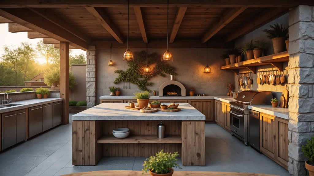 Rustic Outdoor Kitchen Ideas: Transform Your Backyard into a Charming Culinary Retreat A breathtaking wide-angle view of a luxurious rustic outdoor kitchen at golden hour, highlighting a granite island, wood-fired pizza oven, and ambient lighting, surrounded by natural elements.