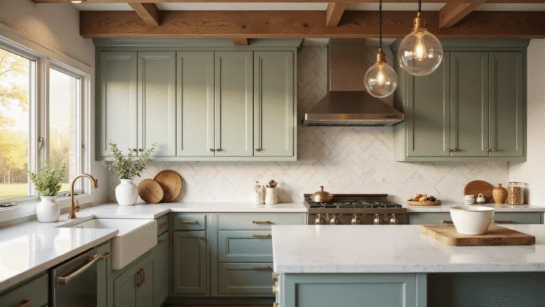 Sage Green Kitchen Cabinets: Your Ultimate Design Guide Photorealistic image of a luxurious modern farmhouse kitchen with sage green shaker cabinets, vintage brass hardware, and a white quartz waterfall island, illuminated by golden hour sunlight.