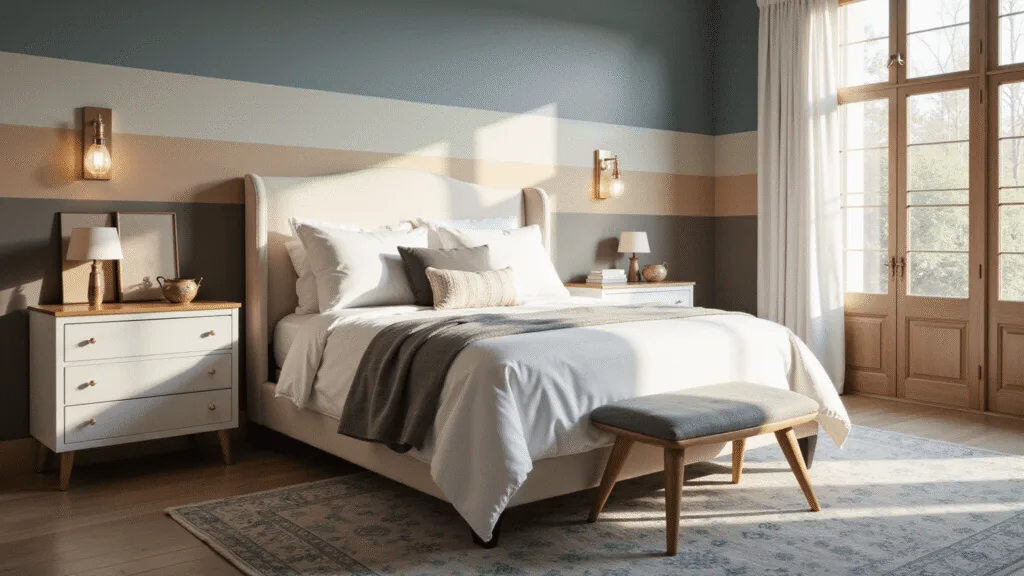 Bedroom Color Ideas: Transform Your Sleep Space with the Perfect Palette Photorealistic image of a luxurious master bedroom during golden hour, featuring a king-sized bed with cream upholstered headboard, layered white and gray linens, and a gradient wall of designer paint samples. Modern brass sconces provide warm light, and a vintage Persian rug complements the space. The composition highlights texture and color transitions with a focus on depth and contemporary design.