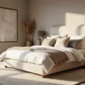 A luxurious neutral bedroom featuring a king-sized bed with layered textures, warm golden hour light from floor-to-ceiling windows, and a palette of creams, taupes, and soft greys, complemented by weathered oak nightstands and ceramic lamps.