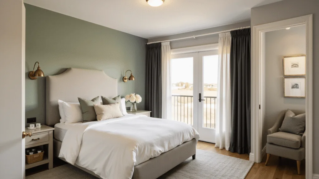 Ultimate Spare Bedroom Ideas: Transform Your Extra Space into a Dream Room A serene luxury guest bedroom featuring a queen-size bed with a cloud-like white duvet and layered pillows, sage green accent wall, weathered brass sconces, and soft gray velvet upholstered headboard, illuminated by golden hour sunlight through sheer curtains, with wide-plank oak flooring and a welcome basket with luxe amenities.