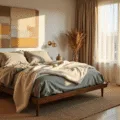 A serene mid-century modern bedroom bathed in golden light, featuring a platform bed with oatmeal and sage linens, vintage brass sconces, and a chunky cream wool throw. Natural light filters through sheer curtains, casting soft shadows on a handwoven jute rug over oak flooring. Minimalist walnut nightstands hold ceramic vessels with dried pampas grass, creating a calm and sophisticated atmosphere.