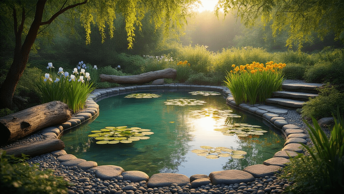 A tranquil garden pond at golden hour, featuring a kidney-shaped pond with pebble edges, native iris, marsh marigolds, and floating water lilies, surrounded by weathered oak logs and stone steps. Dappled sunlight creates dynamic light patterns on the water's surface, with a single dragonfly hovering above and soft mist rising in the background. Rich colors of deep aqua, emerald green, and warm honey tones enhance the serene atmosphere.
