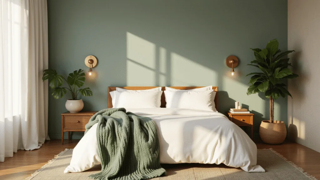 Green Bedroom Ideas: Your Ultimate Guide to Creating a Serene Sanctuary A serene sage green bedroom illuminated by golden hour sunlight, featuring a king-size bed with white Egyptian cotton sheets, vintage brass sconces, a large monstera plant, and a Persian rug, all captured in soft focus to highlight the interplay of light and texture.