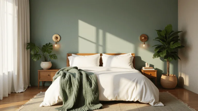 Green Bedroom Ideas: Your Ultimate Guide to Creating a Serene Sanctuary A serene sage green bedroom illuminated by golden hour sunlight, featuring a king-size bed with white Egyptian cotton sheets, vintage brass sconces, a large monstera plant, and a Persian rug, all captured in soft focus to highlight the interplay of light and texture.