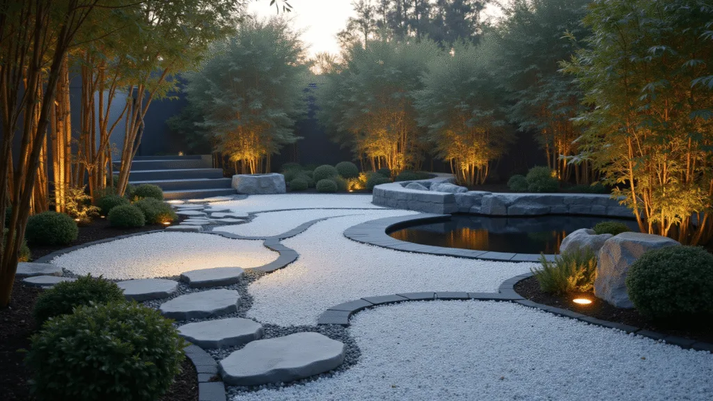 White Stone Garden Ideas: Transform Your Outdoor Space with Elegance A serene Japanese-inspired garden at golden hour, featuring white marble gravel paths in concentric circles, charcoal gray stone borders, bamboo shadows, warm copper lights, and a black granite water feature surrounded by cloud-form boxwoods and ferns, with mist and sunset-filtered light creating a tranquil atmosphere.