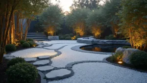 White Stone Garden Ideas: Transform Your Outdoor Space with Elegance A serene Japanese-inspired garden at golden hour, featuring white marble gravel paths in concentric circles, charcoal gray stone borders, bamboo shadows, warm copper lights, and a black granite water feature surrounded by cloud-form boxwoods and ferns, with mist and sunset-filtered light creating a tranquil atmosphere.