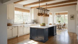 A sunlit farmhouse kitchen featuring cream Shaker cabinets, a navy blue island with marble countertops, and vintage copper pots, all illuminated by morning light streaming through mullioned windows.