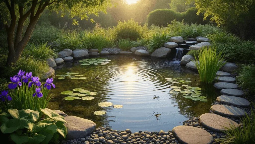 Creating Your Perfect Small Garden Pond: A Comprehensive DIY Guide A serene garden pond at golden hour, featuring clear water and natural landscaping with marginal plants, stepping stones, and a small waterfall, illuminated by warm sunlight and atmospheric mist, with a frog resting on a rock and dragonflies hovering above.