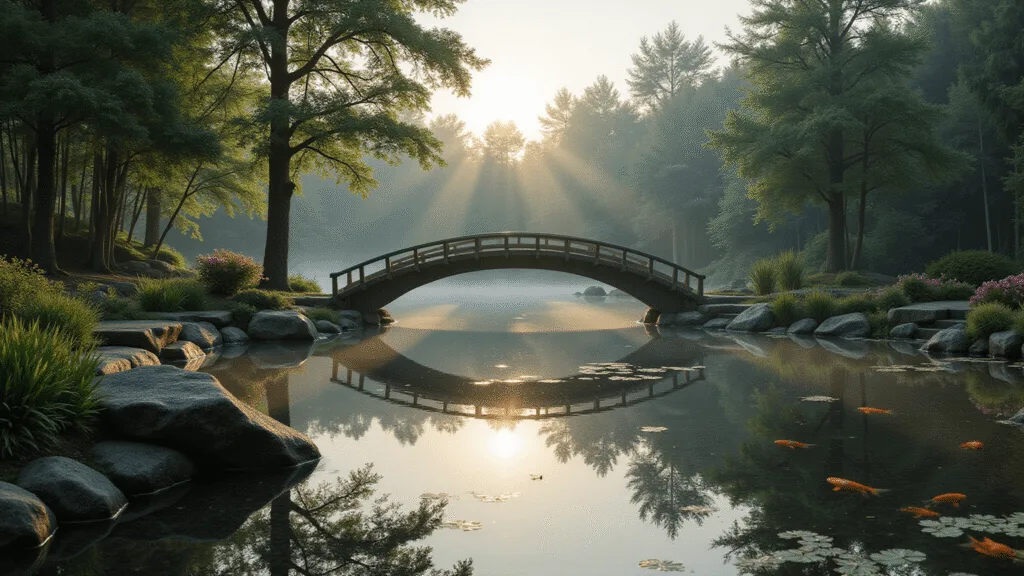 Inspiring Garden Pond Ideas: Transform Your Outdoor Space into a Tranquil Retreat A serene Japanese garden pond at dawn, featuring a curved wooden bridge reflected in mirror-like water, framed by cloud-pruned pine trees and moss-covered rocks, with early morning mist and golden sunrise light illuminating the scene. Koi fish swim beneath lotus flowers, while stepping stones and manicured azalea bushes create a tranquil atmosphere in soft earth tones.
