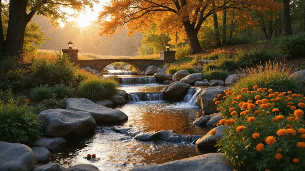 Create a Breathtaking Stream Garden: Nature's Living Masterpiece A photorealistic wide-angle view of a tranquil garden stream at golden hour, featuring cascading waterfalls, vibrant flowers, a stone bridge, and a Japanese maple in peak fall color, all surrounded by lush greenery and morning mist.