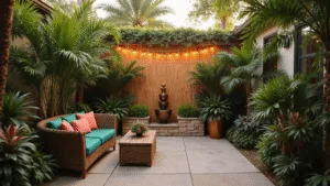 Transform Your Courtyard into a Tropical Paradise: A Complete Design Guide A photorealistic wide-angle shot of a tropical courtyard at golden hour, featuring a rattan loveseat with emerald and coral cushions, surrounded by lush palm fronds and elephant ear plants, with copper planters of bromeliads, a bamboo privacy screen, string lights, and a tiered copper fountain, all illuminated by warm sunlight casting intricate shadows.