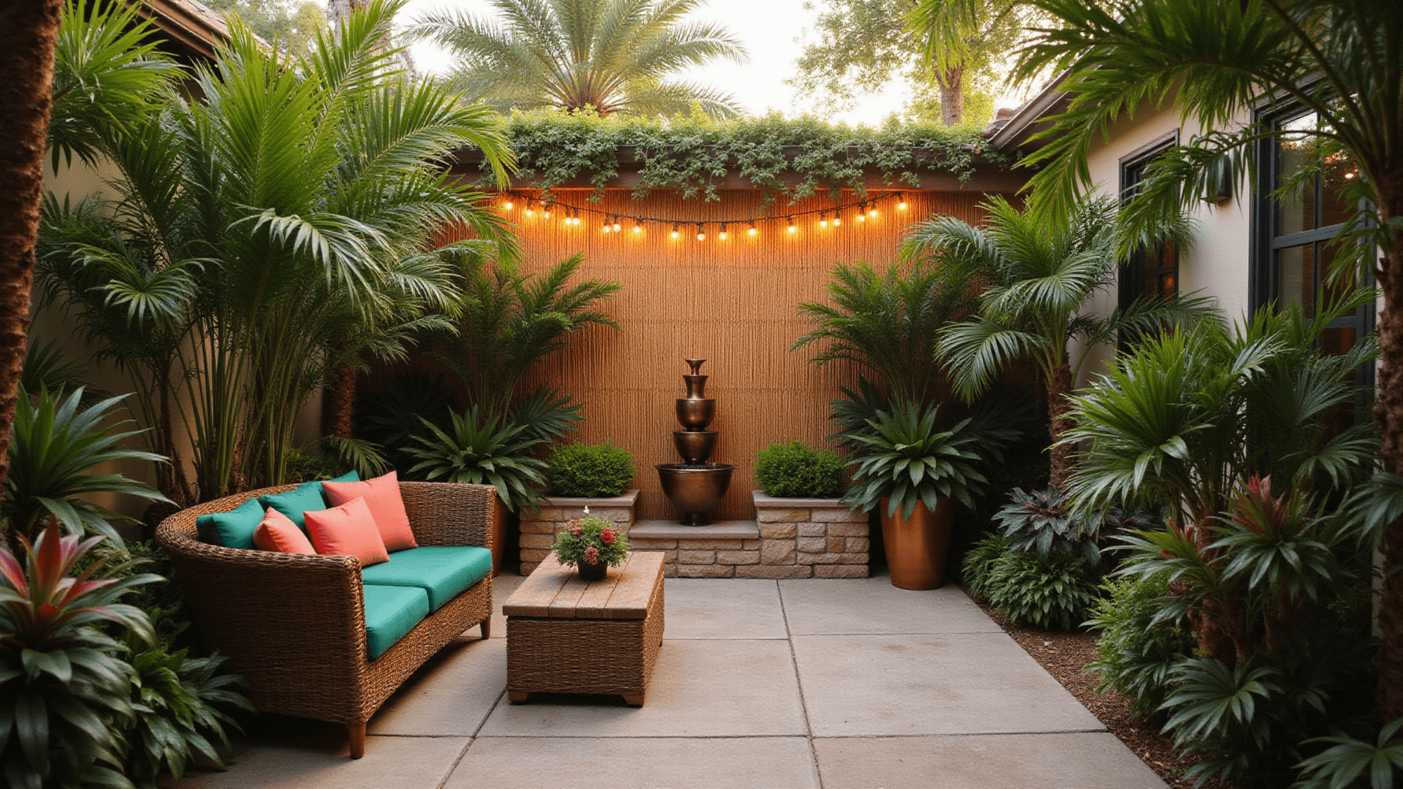 A photorealistic wide-angle shot of a tropical courtyard at golden hour, featuring a rattan loveseat with emerald and coral cushions, surrounded by lush palm fronds and elephant ear plants, with copper planters of bromeliads, a bamboo privacy screen, string lights, and a tiered copper fountain, all illuminated by warm sunlight casting intricate shadows.
